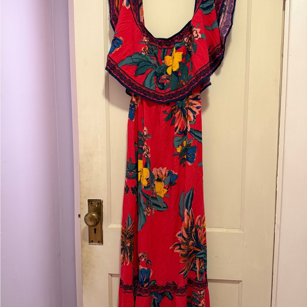 Flying Tomato Red Floral Maxi Dress with Ruffle Yoke